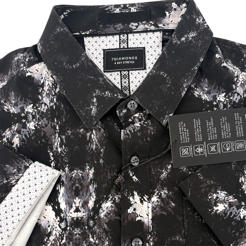7Diamonds Krakn Remix Black Grey Abstract 4-Way Stretch Shirt Mens Small SMK7384